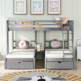 Contemporary Style Full Over Twin & Twin Bunk Bed, Wood Triple Bunk Bed with Drawers and Guardrails