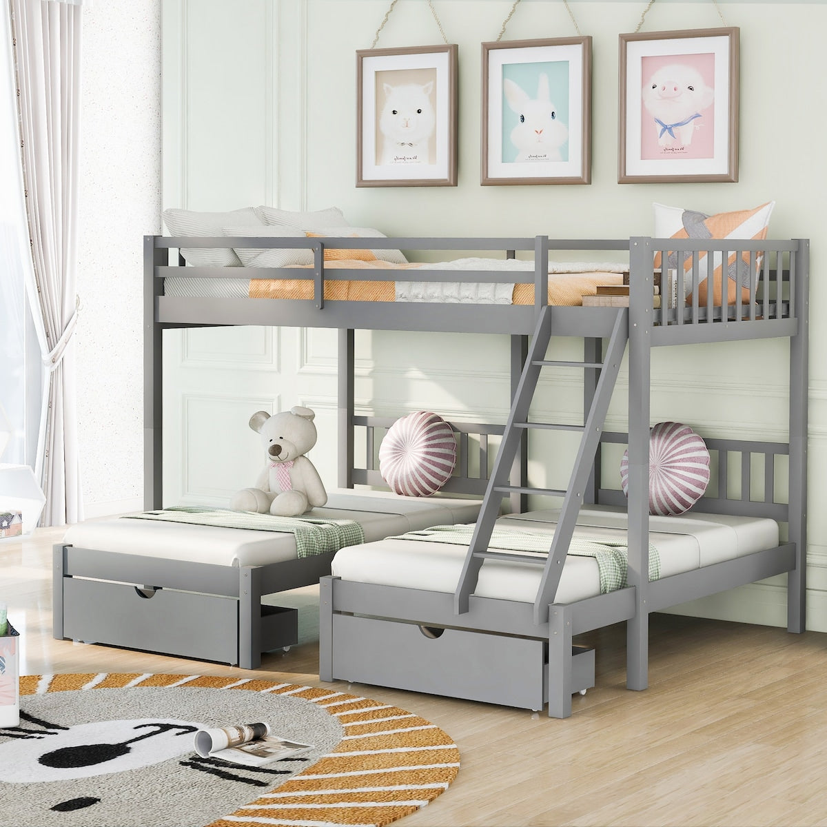 Contemporary Style Full Over Twin & Twin Bunk Bed, Wood Triple Bunk Bed with Drawers and Guardrails