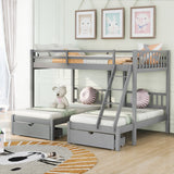 Contemporary Style Full Over Twin & Twin Bunk Bed, Wood Triple Bunk Bed with Drawers and Guardrails