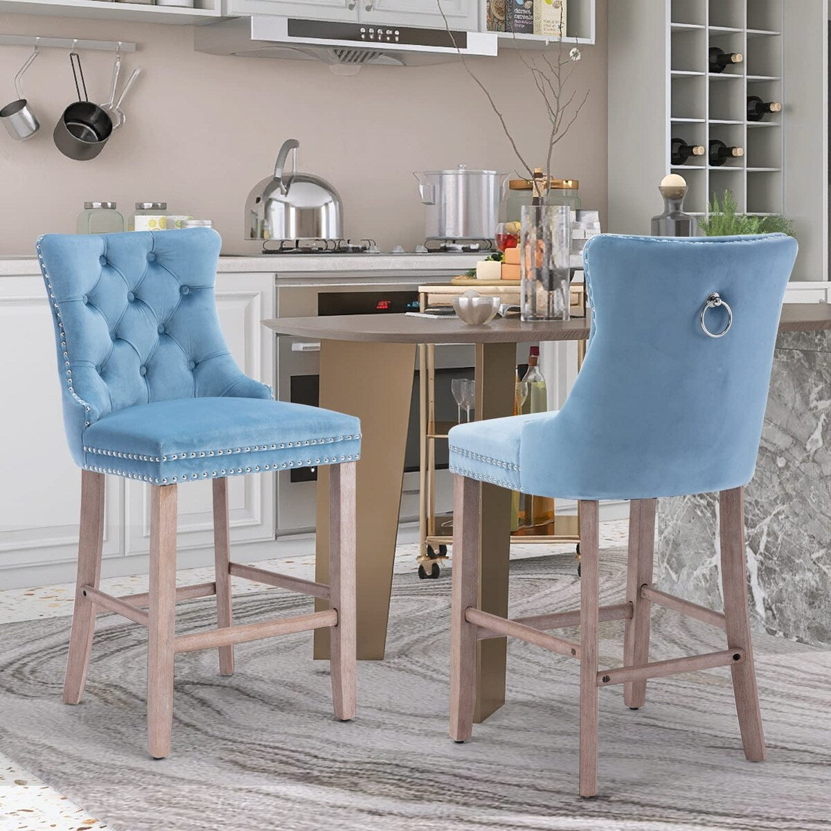 Contemporary Tufted Velvet Upholstered Counter Bar Stools Set of 2