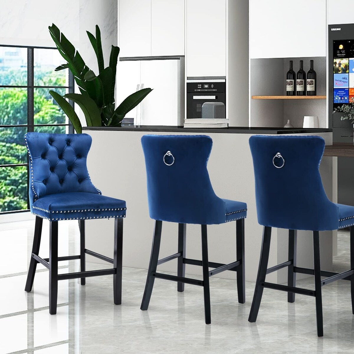 Contemporary Tufted Velvet Upholstered Counter Bar Stools Set of 2