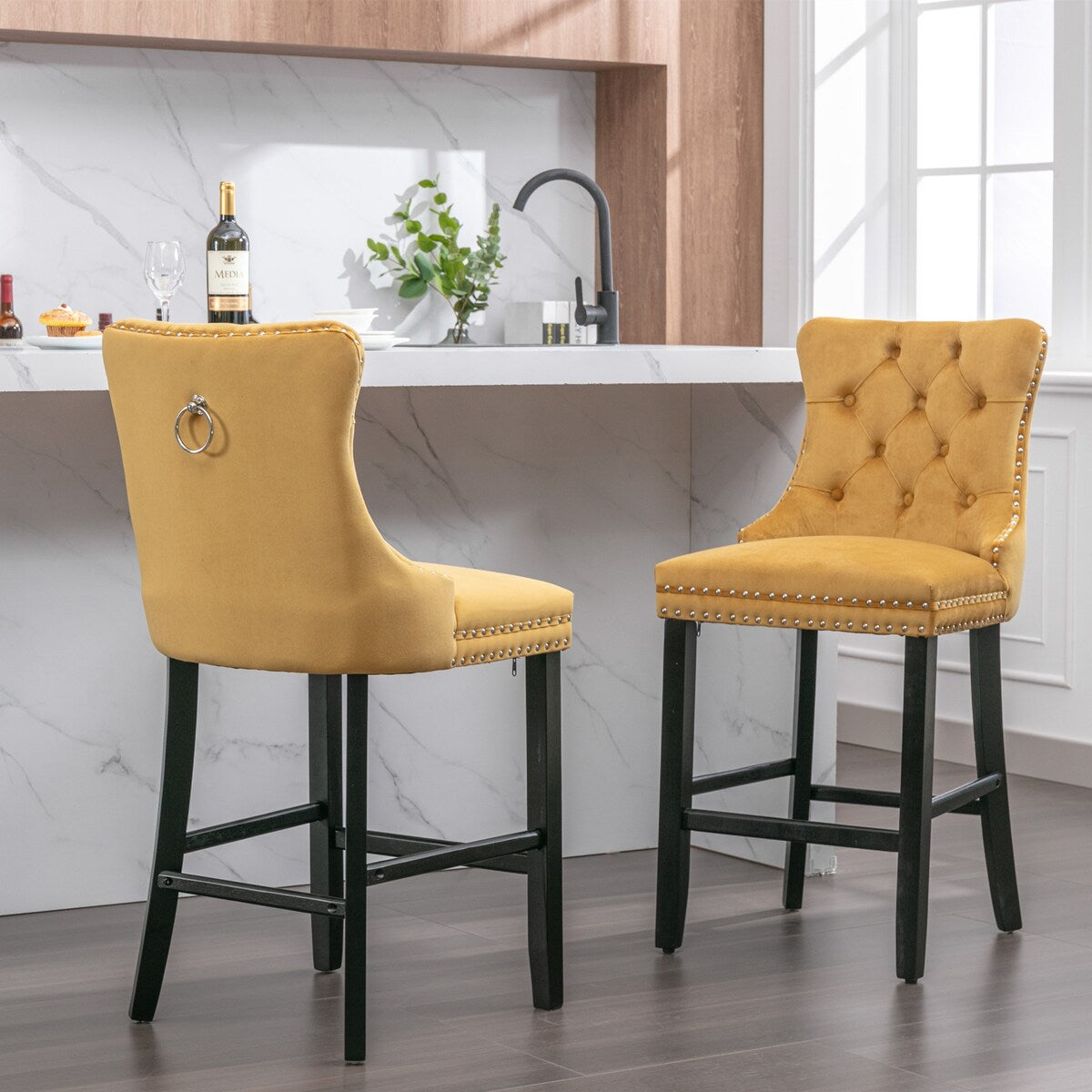 Contemporary Tufted Velvet Upholstered Counter Bar Stools Set of 2
