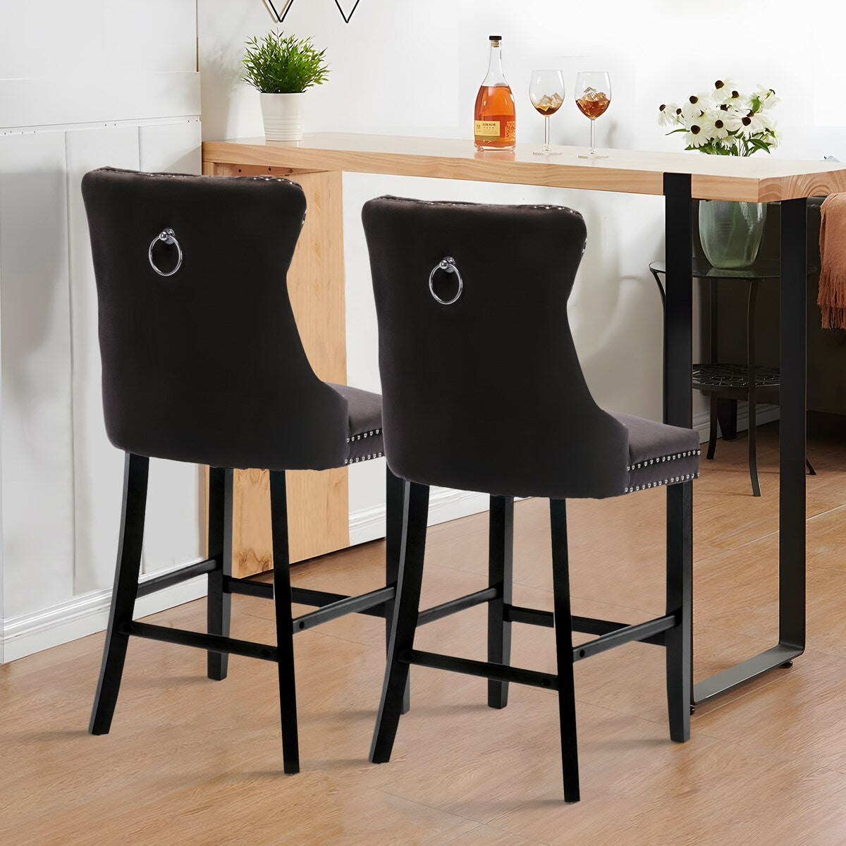 Contemporary Tufted Velvet Upholstered Counter Bar Stools Set of 2