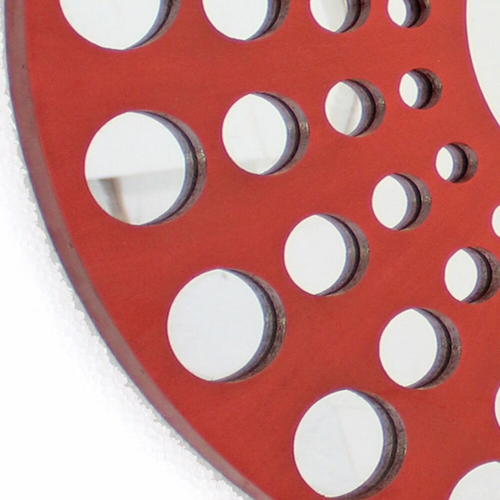 Contemporary Wooden Round Wall Decor with Circle Cut Outs, Red and Silver