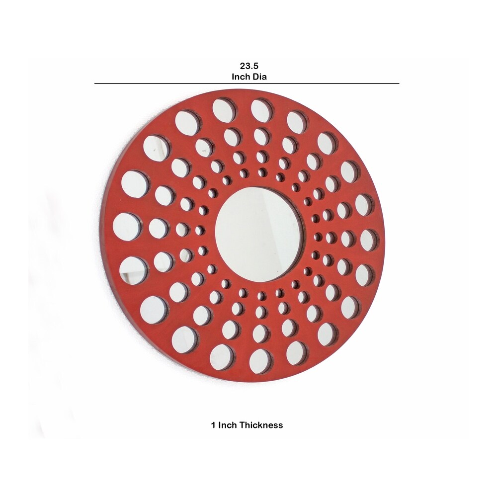 Contemporary Wooden Round Wall Decor with Circle Cut Outs, Red and Silver