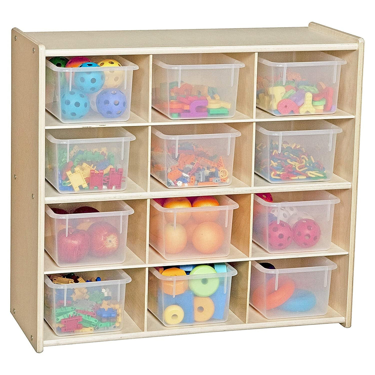 Contender 12 Cubby Tray Cabinet With Translucent Bins, Birch Wood Toddlers Toy Storage Organizer for Kindergarten