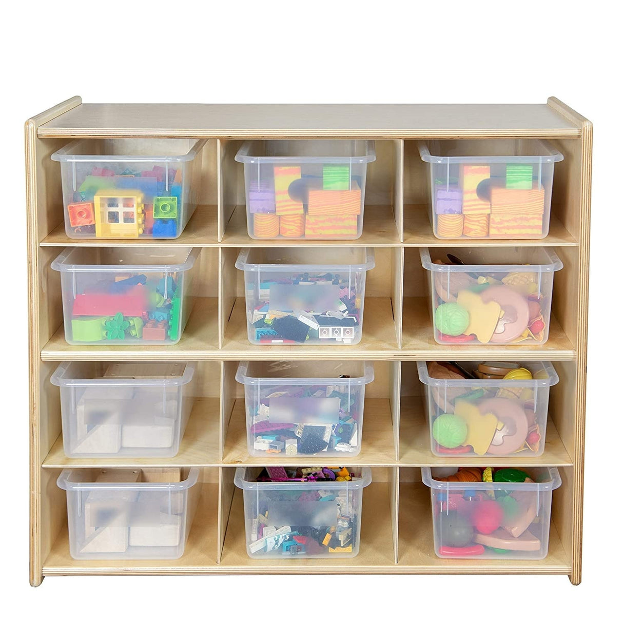 Contender 12 Cubby Tray Cabinet With Translucent Bins, Birch Wood Toddlers Toy Storage Organizer for Kindergarten