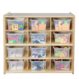 Contender 12 Cubby Tray Cabinet With Translucent Bins, Birch Wood Toddlers Toy Storage Organizer for Kindergarten
