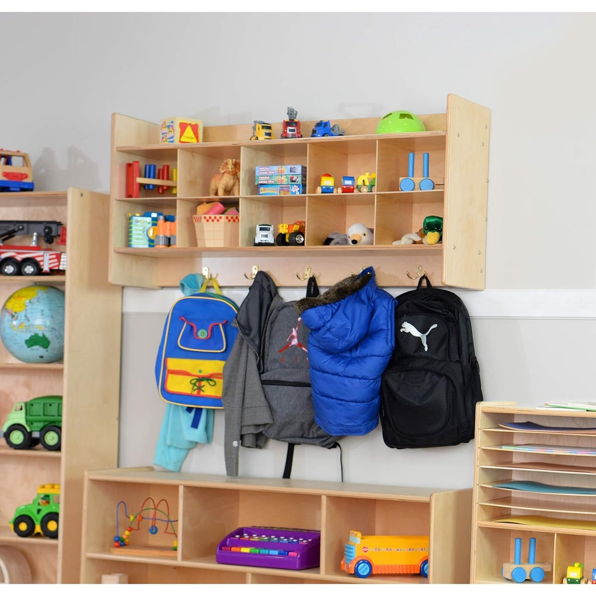 Contender Cubby Storage Organizer Cubes, 10 Cubbies With Hooks and Shelf, Hanging Wall Mount, Furniture for Kids