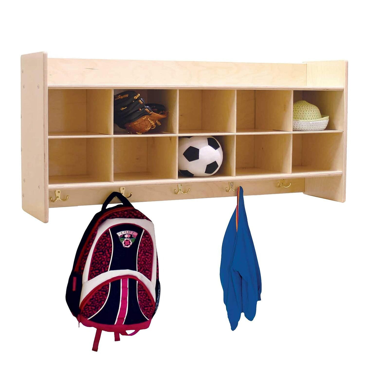 Contender Cubby Storage Organizer Cubes, 10 Cubbies With Hooks and Shelf, Hanging Wall Mount, Furniture for Kids