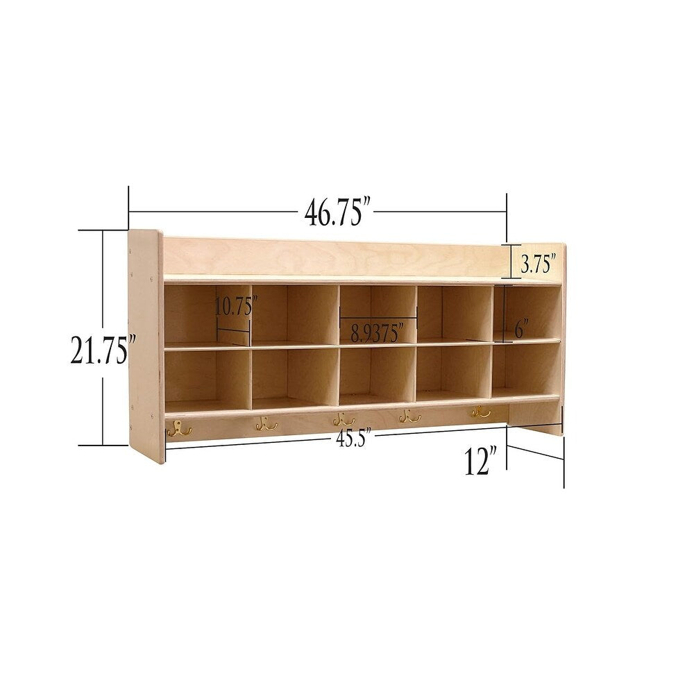 Contender Cubby Storage Organizer Cubes, 10 Cubbies With Hooks and Shelf, Hanging Wall Mount, Furniture for Kids