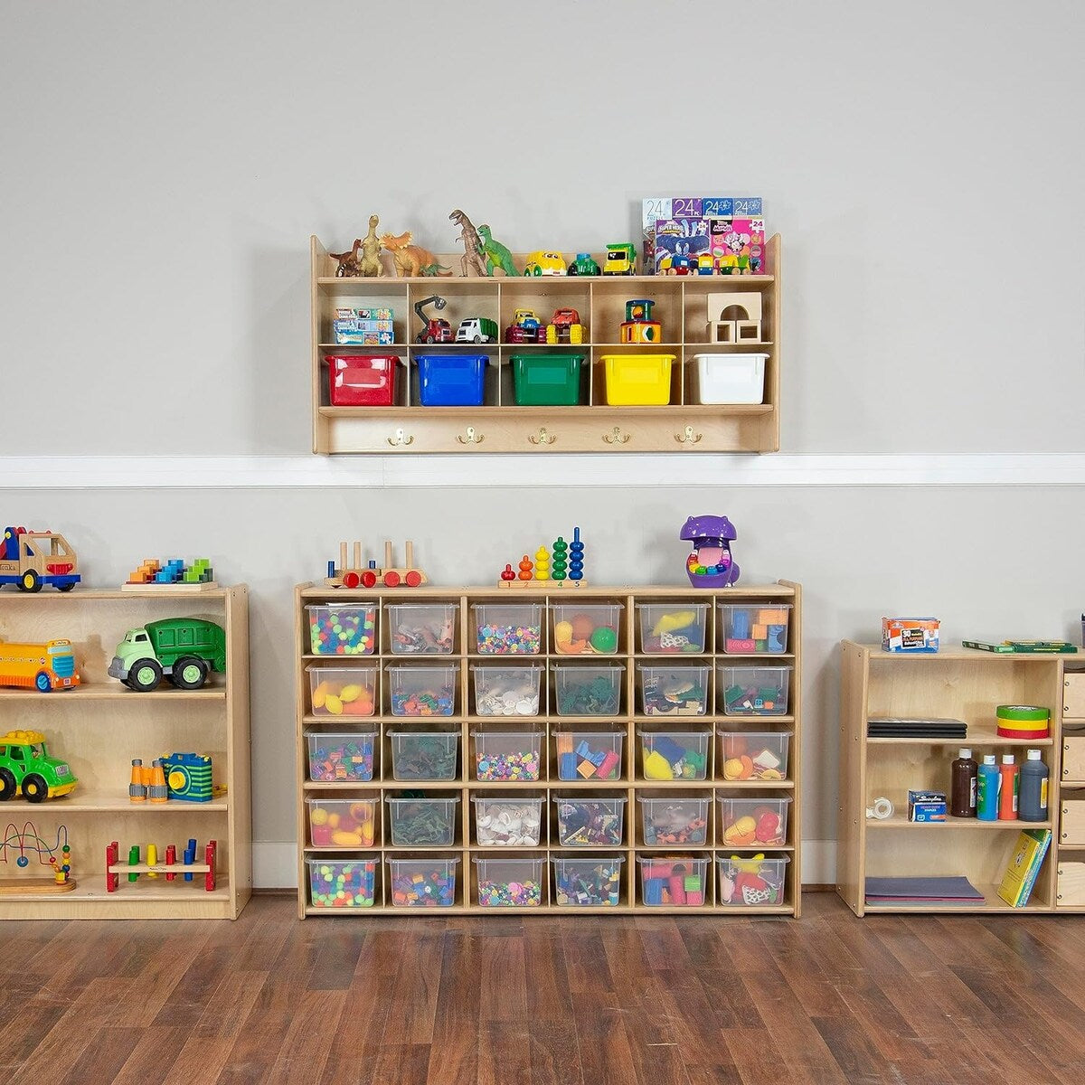 Contender Kids 30 Cubby Shelf Organizer With Transculent Bins, Wooden Cube Storage Shelf for Toys & Craft Supplies