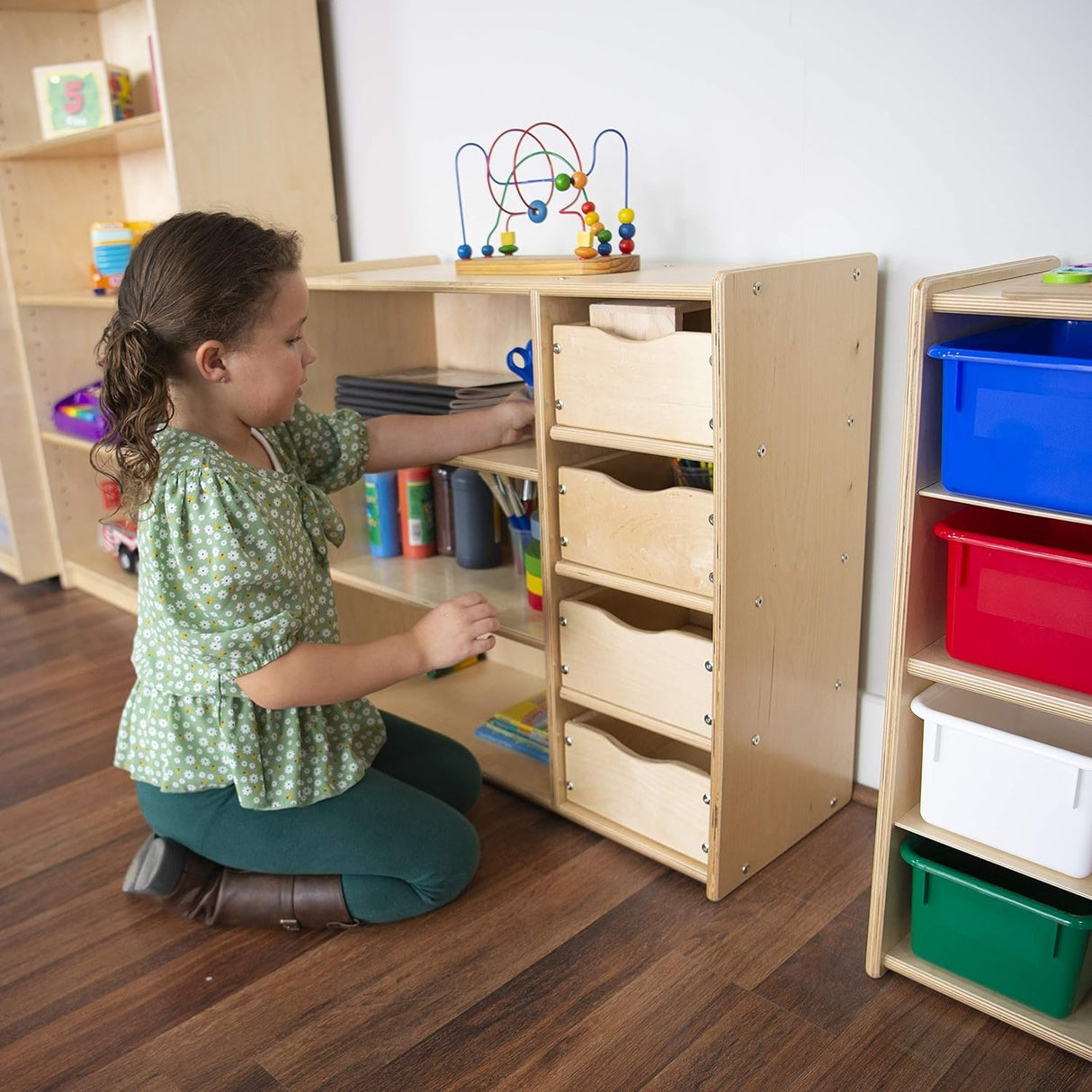 Contender Kids Bookshelf With Drawers, 3 -Tier Wooden Bookcase With Storage for Kids Room Organizer in Natural Finish