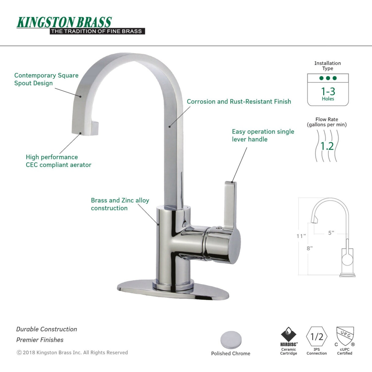 Kingston Brass Continental Single-Handle 1-Hole Deck Mount Bathroom Faucet with Push Pop-Up