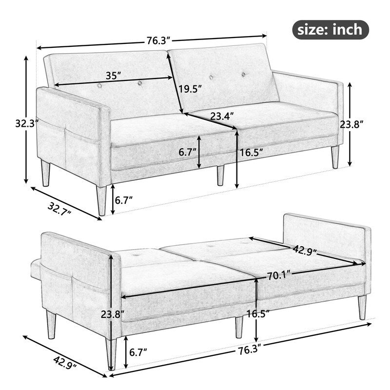 Convertible Folding Futon Sofa Bed Velvet Comfortable Upholstered Loveseat