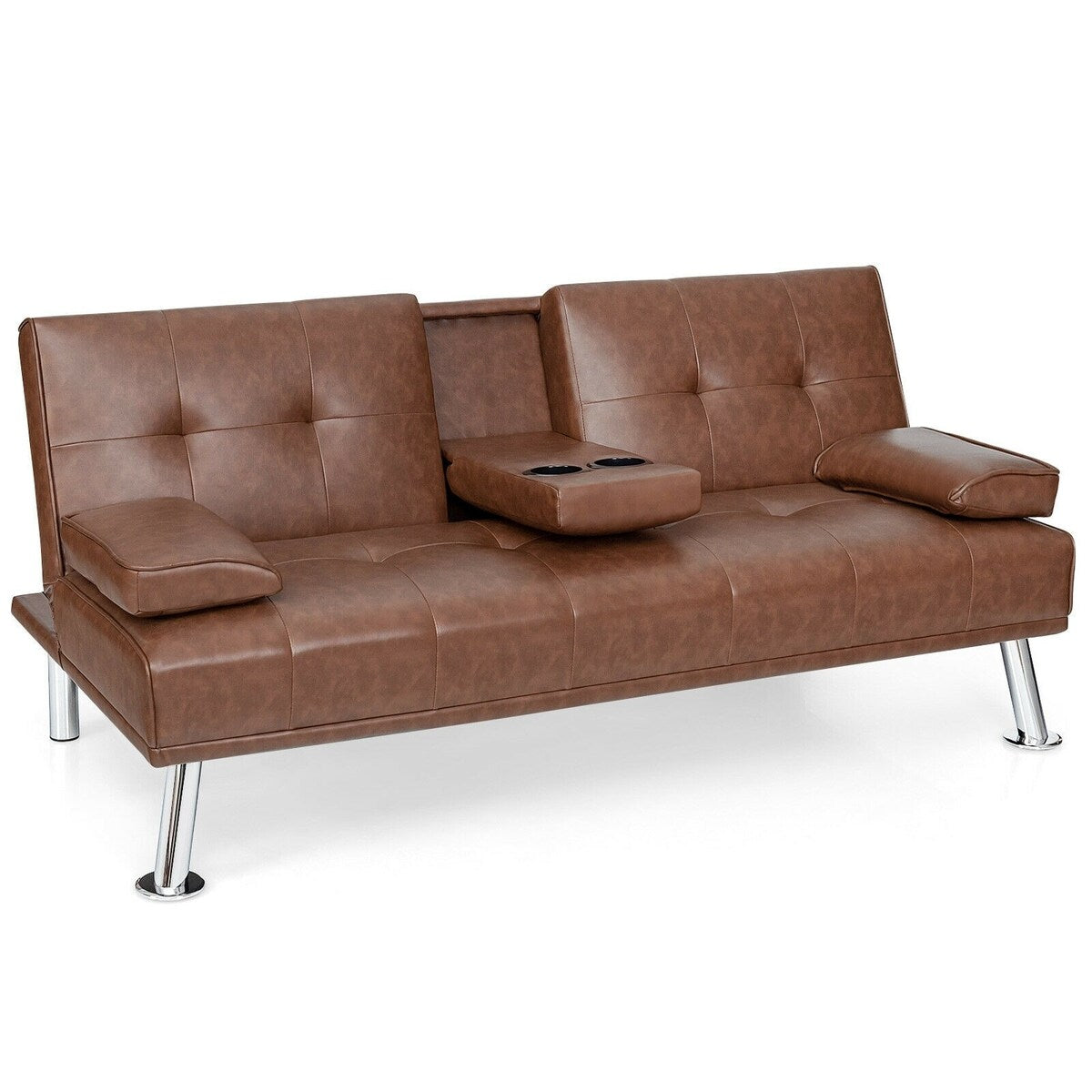 Convertible Folding Leather Futon Sofa with Cup Holders and Armrests - 66"X31.5"/35" x 29.5" / 23.5" (L x W x H)