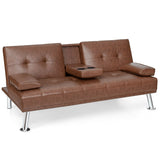 Convertible Folding Leather Futon Sofa with Cup Holders and Armrests - 66"X31.5"/35" x 29.5" / 23.5" (L x W x H)