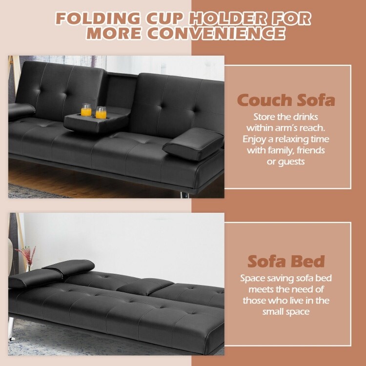 Convertible Folding Leather Futon Sofa with Cup Holders and Armrests - 66"X31.5"/35" x 29.5" / 23.5" (L x W x H)