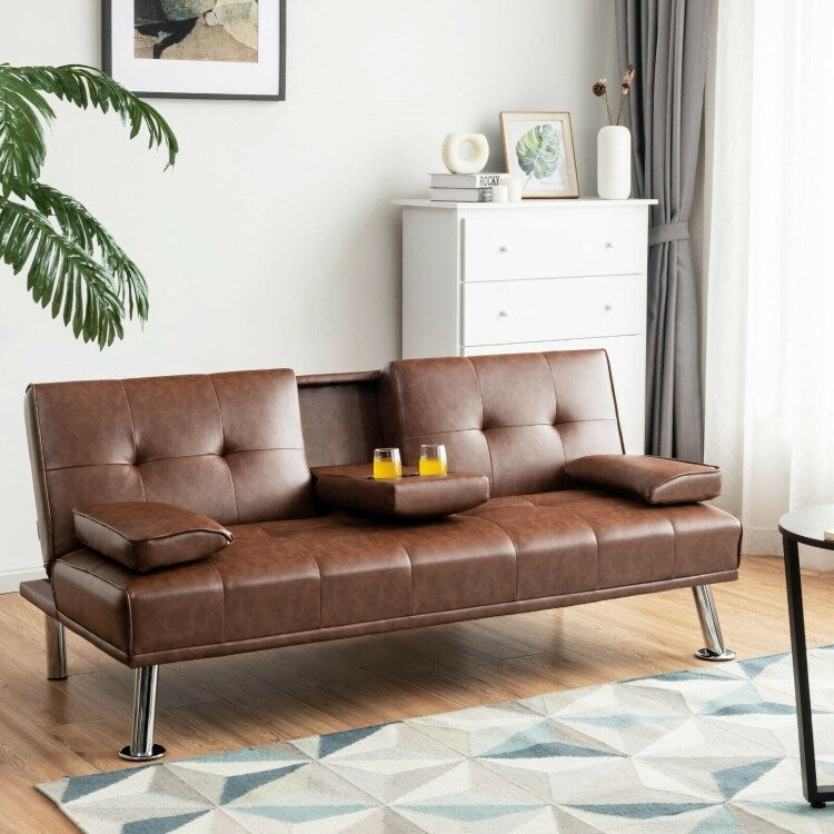 Convertible Folding Leather Futon Sofa with Cup Holders and Armrests - 66"X31.5"/35" x 29.5" / 23.5" (L x W x H)