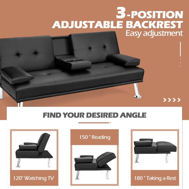 Convertible Folding Leather Futon Sofa with Cup Holders and Armrests - 66"X31.5"/35" x 29.5" / 23.5" (L x W x H)