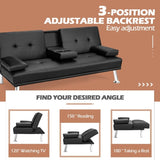 Convertible Folding Leather Futon Sofa with Cup Holders and Armrests - 66"X31.5"/35" x 29.5" / 23.5" (L x W x H)