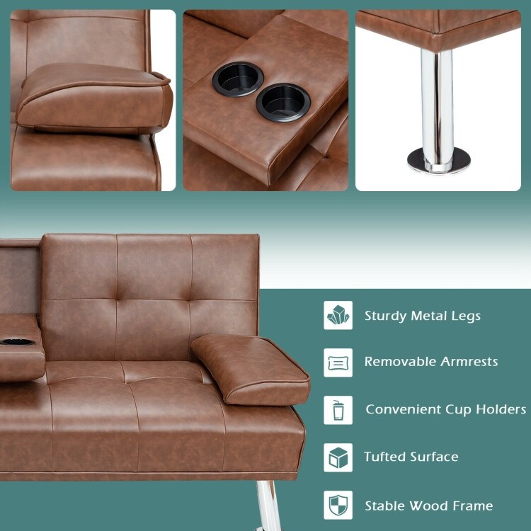 Convertible Folding Leather Futon Sofa with Cup Holders and Armrests - 66"X31.5"/35" x 29.5" / 23.5" (L x W x H)