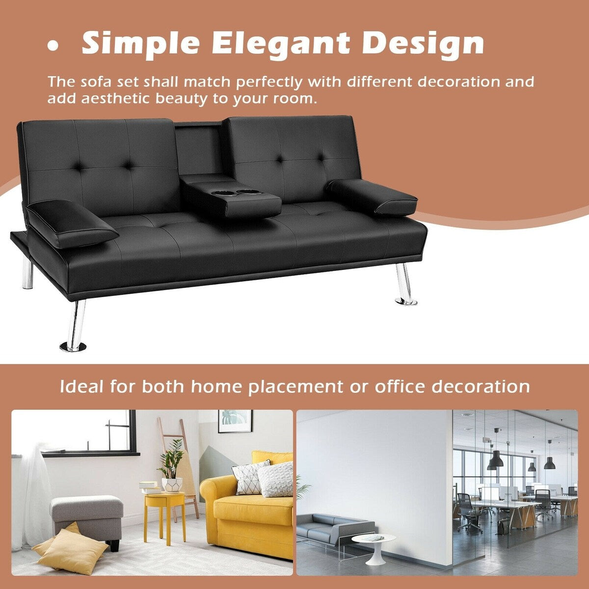 Convertible Folding Leather Futon Sofa with Cup Holders and Armrests - 66"X31.5"/35" x 29.5" / 23.5" (L x W x H)