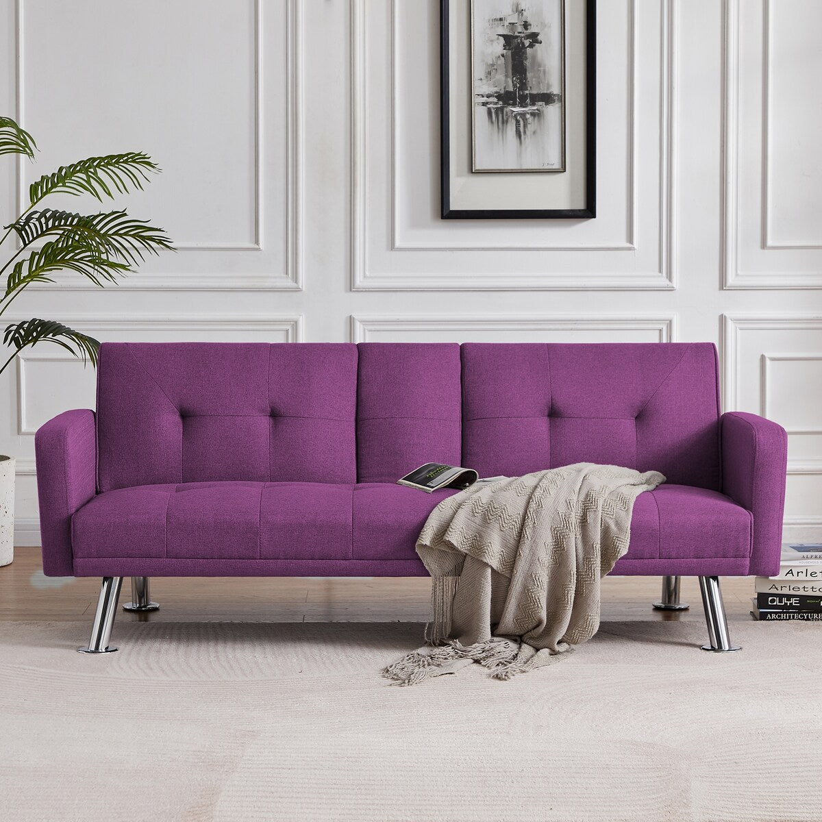 Convertible Folding Sofa Bed with Armrest, Fabric Sleeper Sofa Couch f