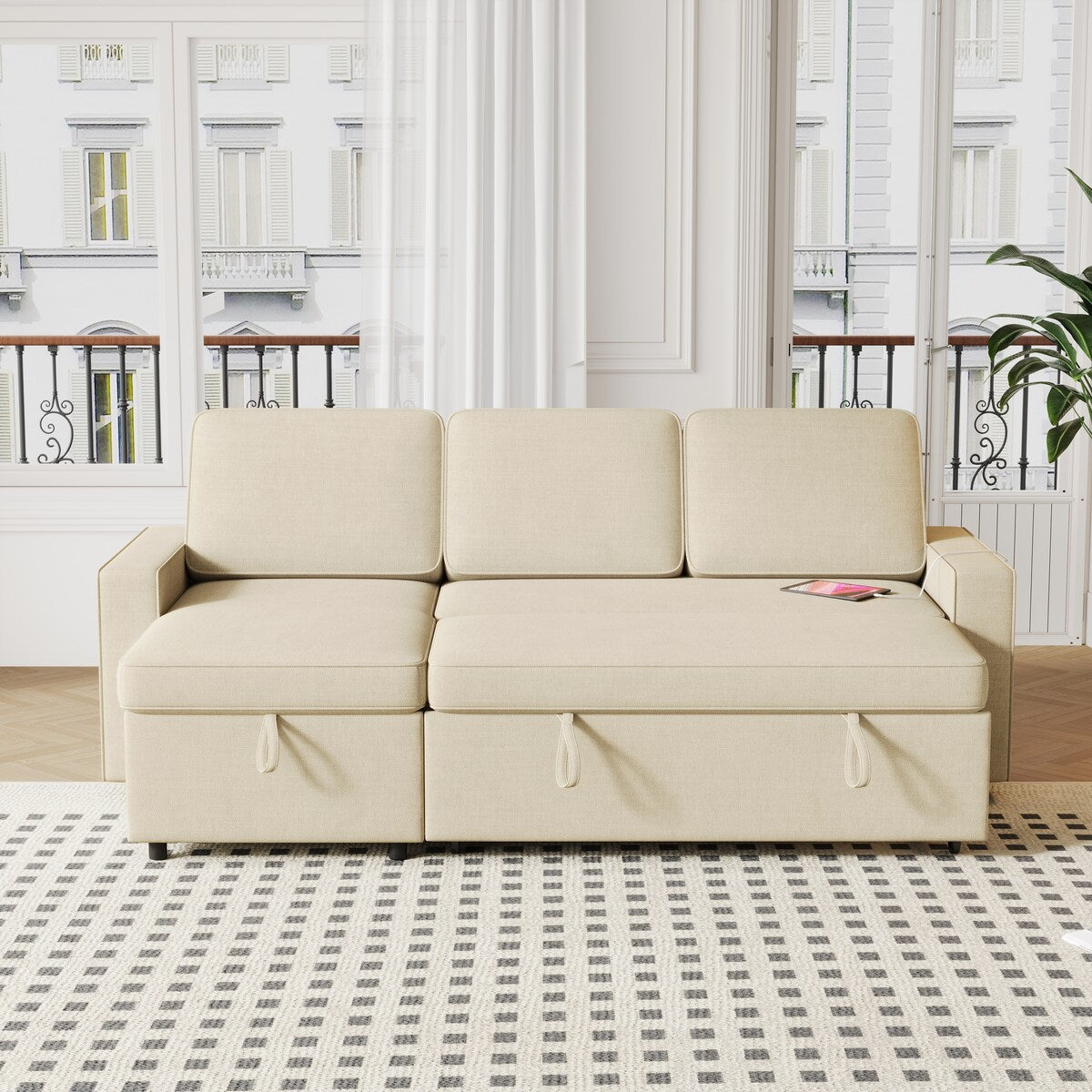 Convertible Sleeper Sofa Bed with Storage Chaise and USB Port, L-Shaped Couch,Beige
