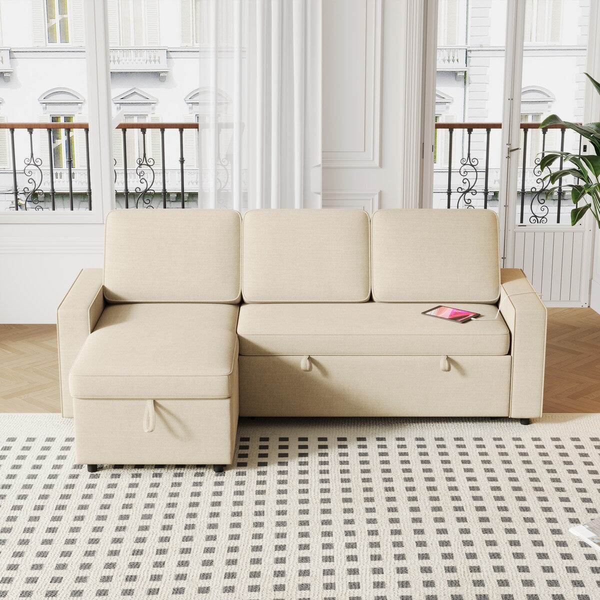 Convertible Sleeper Sofa Bed with Storage Chaise and USB Port, L-Shaped Couch,Beige