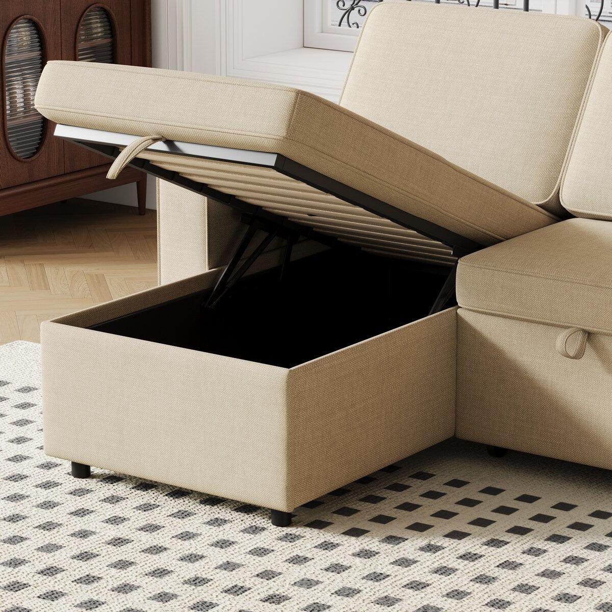 Convertible Sleeper Sofa Bed with Storage Chaise and USB Port, L-Shaped Couch,Beige
