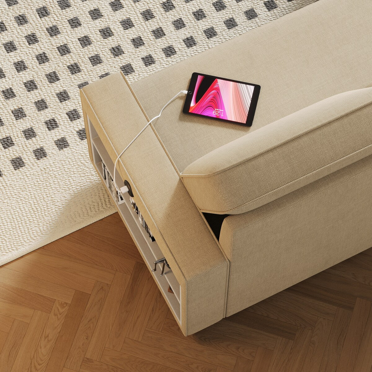 Convertible Sleeper Sofa Bed with Storage Chaise and USB Port, L-Shaped Couch,Beige