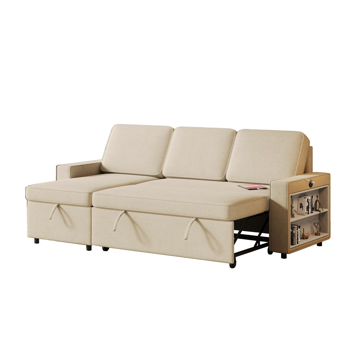 Convertible Sleeper Sofa Bed with Storage Chaise and USB Port, L-Shaped Couch,Beige