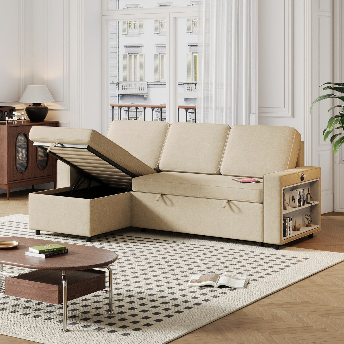 Convertible Sleeper Sofa Bed with Storage Chaise and USB Port, L-Shaped Couch,Beige