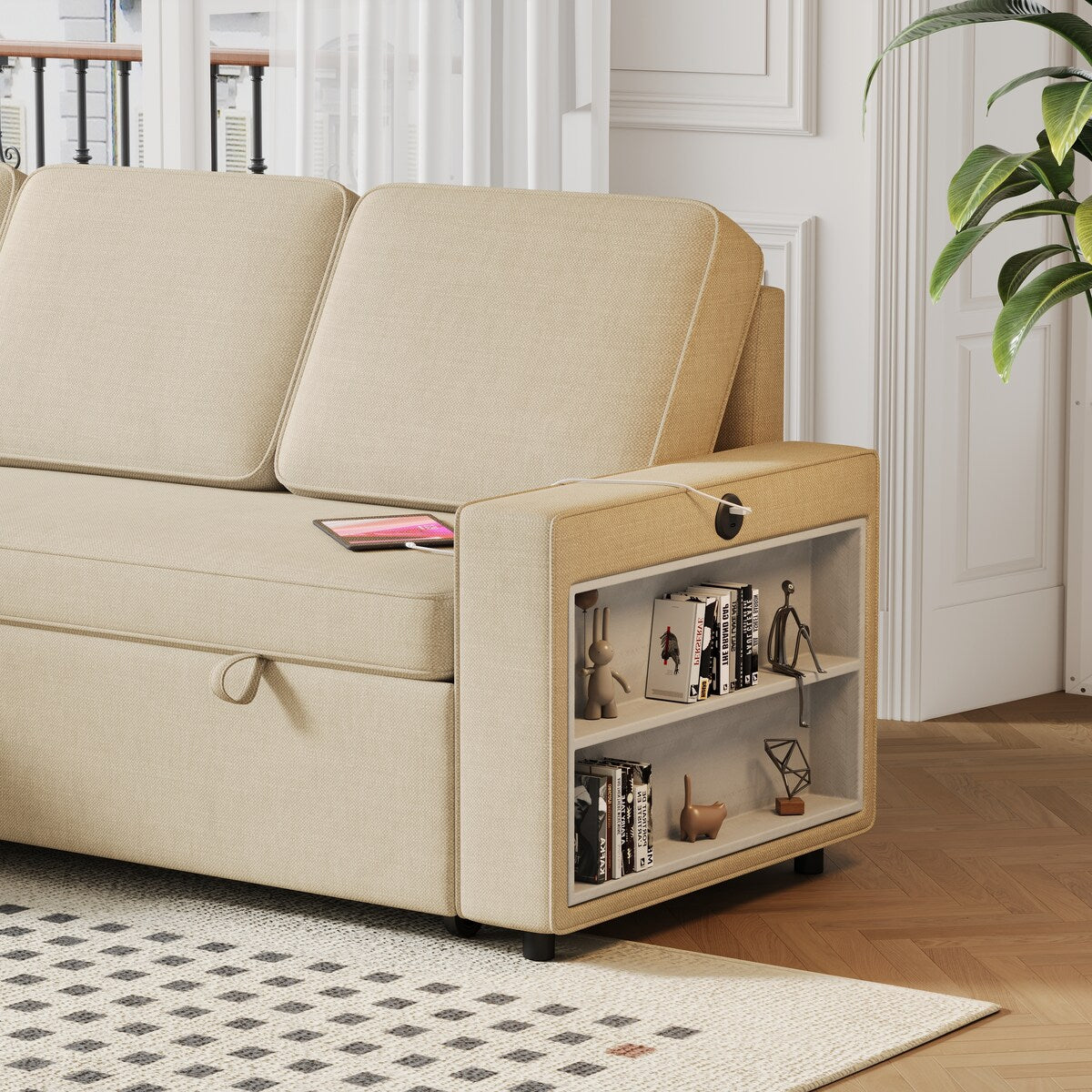 Convertible Sleeper Sofa Bed with Storage Chaise and USB Port, L-Shaped Couch,Beige
