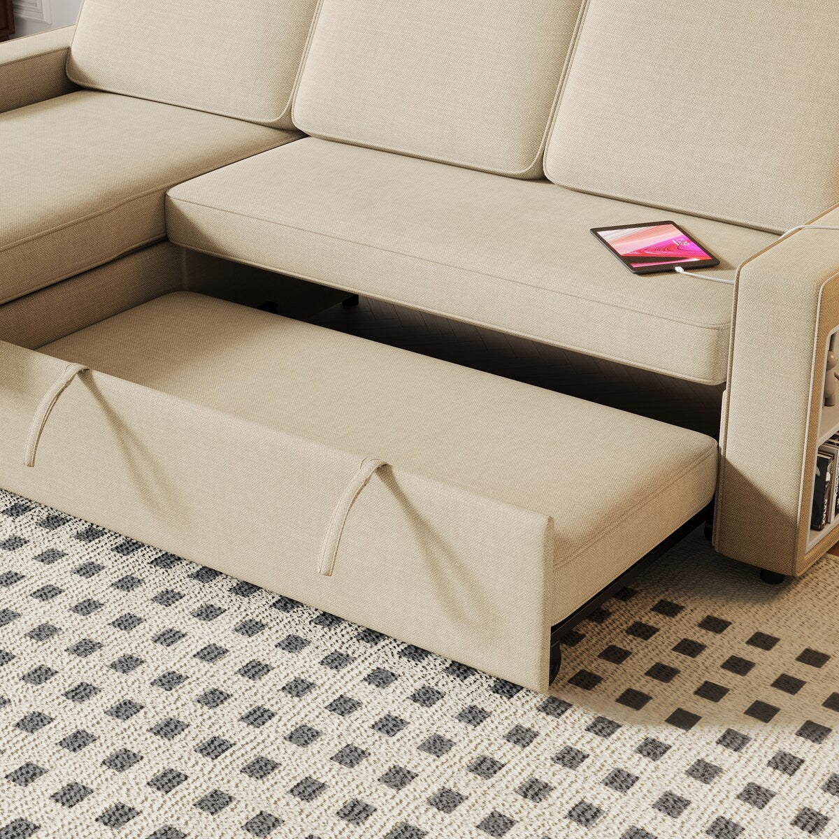 Convertible Sleeper Sofa Bed with Storage Chaise and USB Port, L-Shaped Couch,Beige