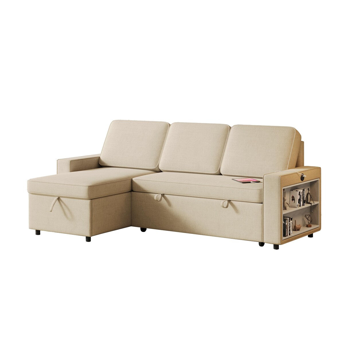 Convertible Sleeper Sofa Bed with Storage Chaise and USB Port, L-Shaped Couch,Beige