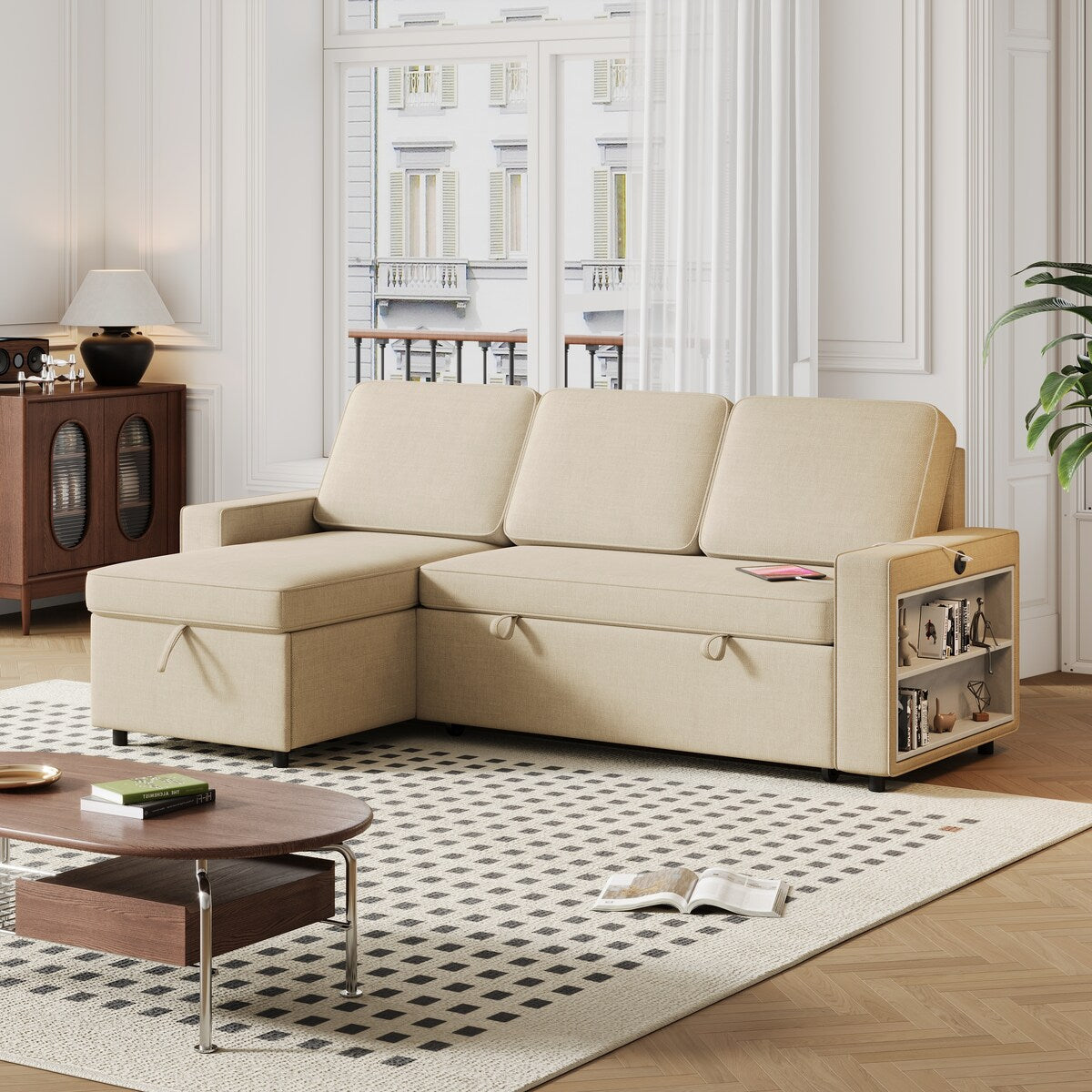 Convertible Sleeper Sofa Bed with Storage Chaise and USB Port, L-Shaped Couch,Beige