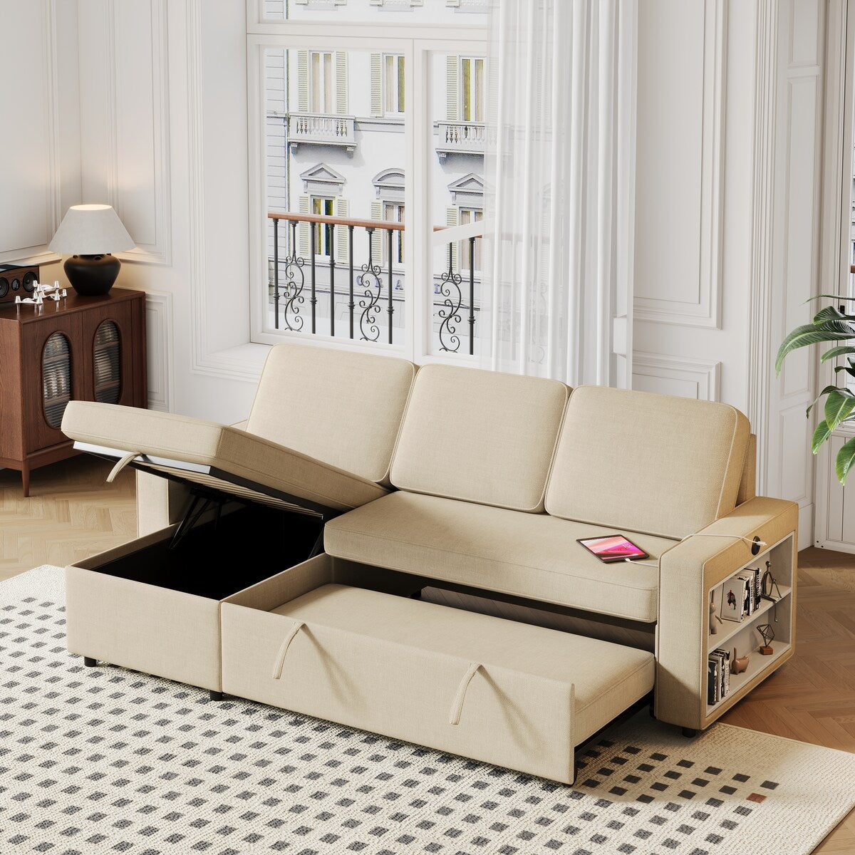 Convertible Sleeper Sofa Bed with Storage Chaise and USB Port, L-Shaped Couch,Beige