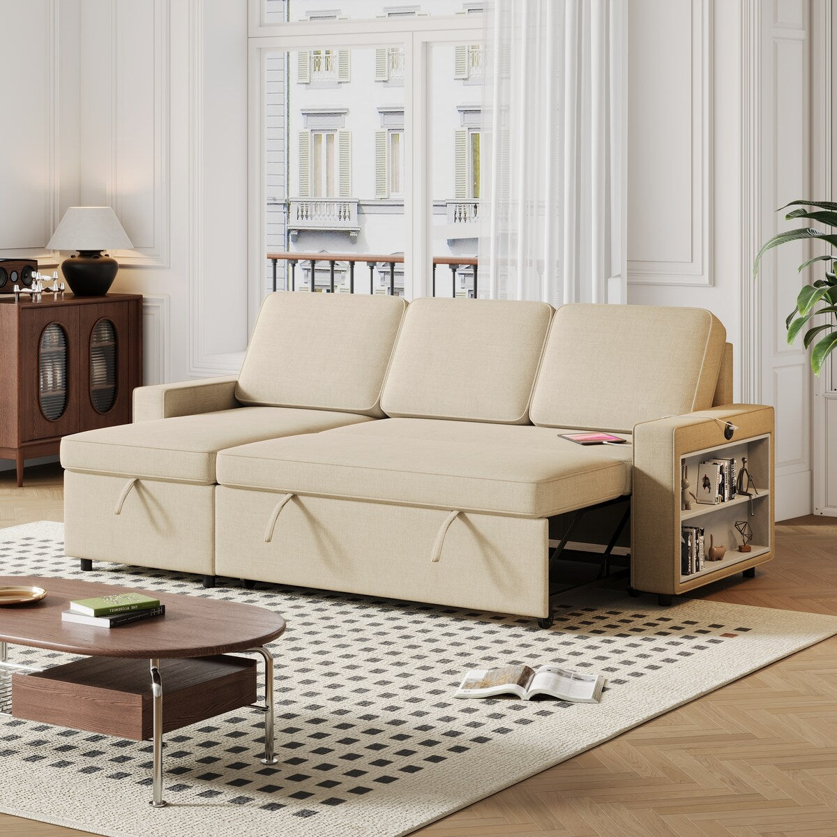 Convertible Sleeper Sofa Bed with Storage Chaise and USB Port, L-Shaped Couch,Beige