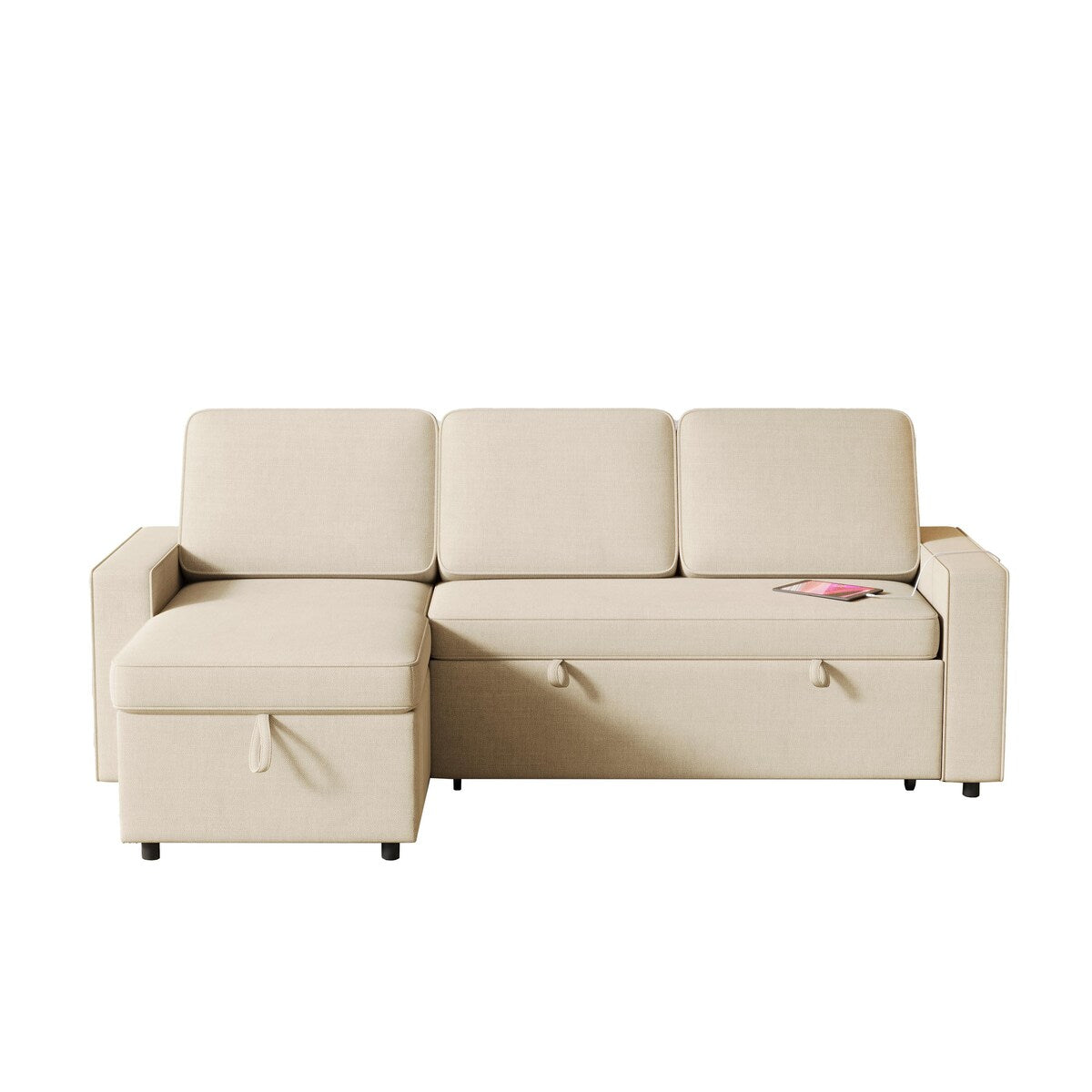 Convertible Sleeper Sofa Bed with Storage Chaise and USB Port, L-Shaped Couch,Beige