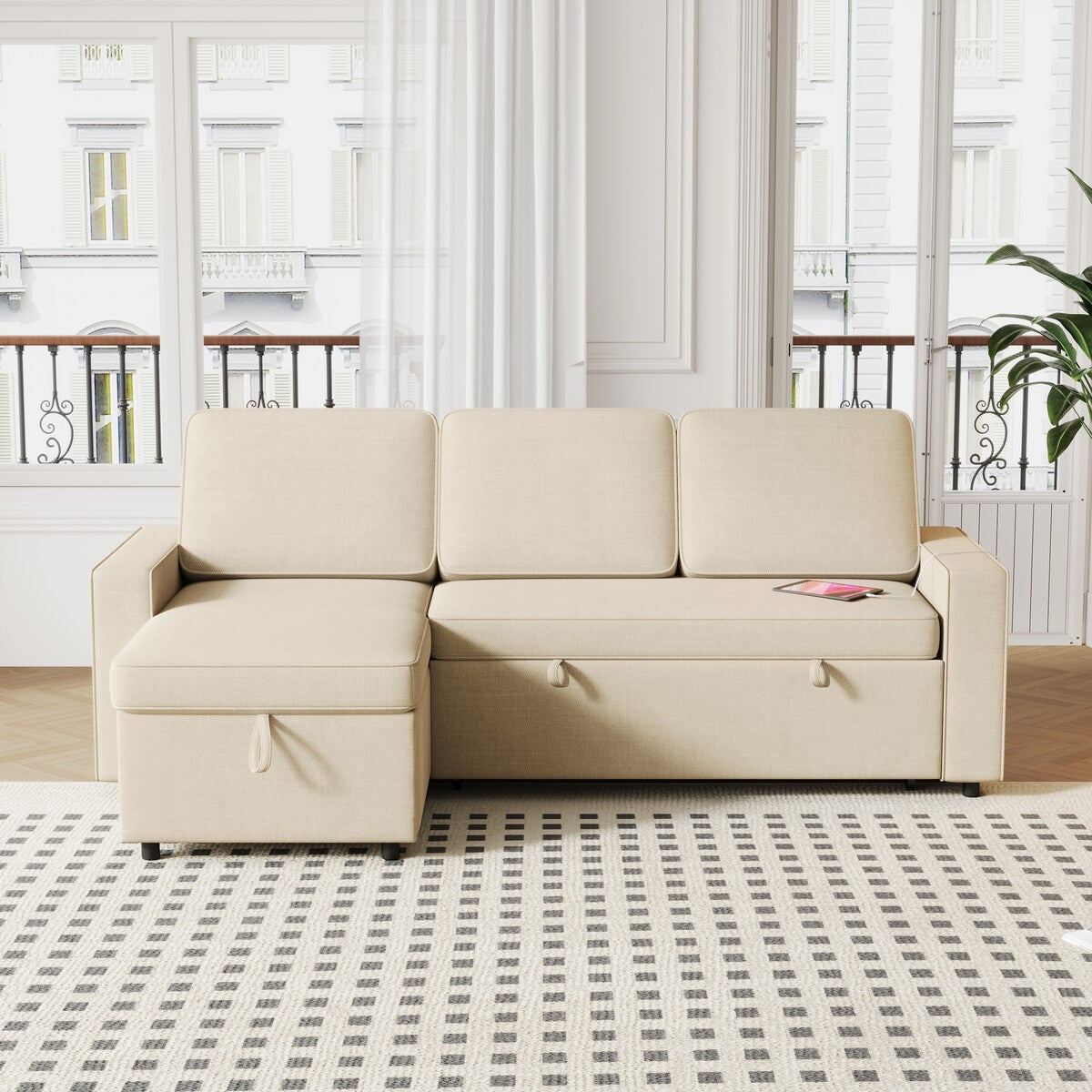 Convertible Sleeper Sofa Bed with Storage Chaise and USB Port, L-Shaped Couch,Beige