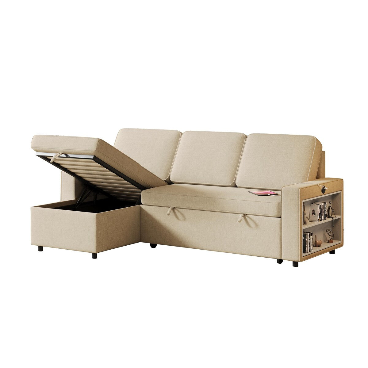 Convertible Sleeper Sofa Bed with Storage Chaise and USB Port, L-Shaped Couch,Beige