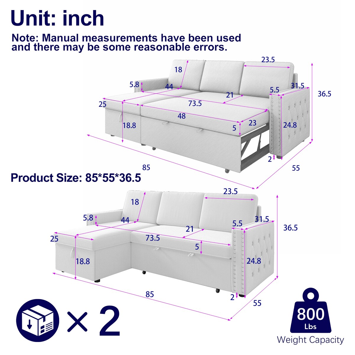 Convertible Sofa Bed with Storage Chaise, Chenille-Light Gray