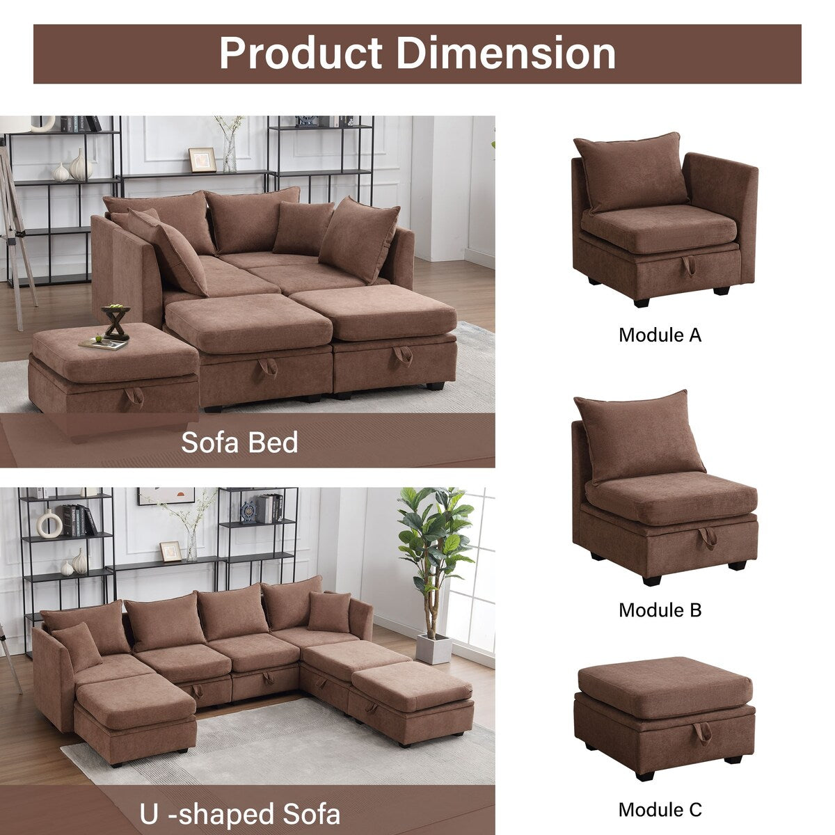 Convertible U-Shaped Modular Sectional Sofa Couch Set with Storage