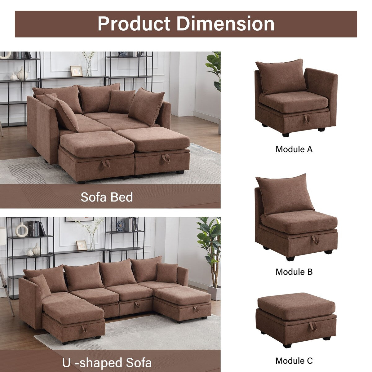 Convertible U-Shaped Modular Sectional Sofa Couch Set with Storage
