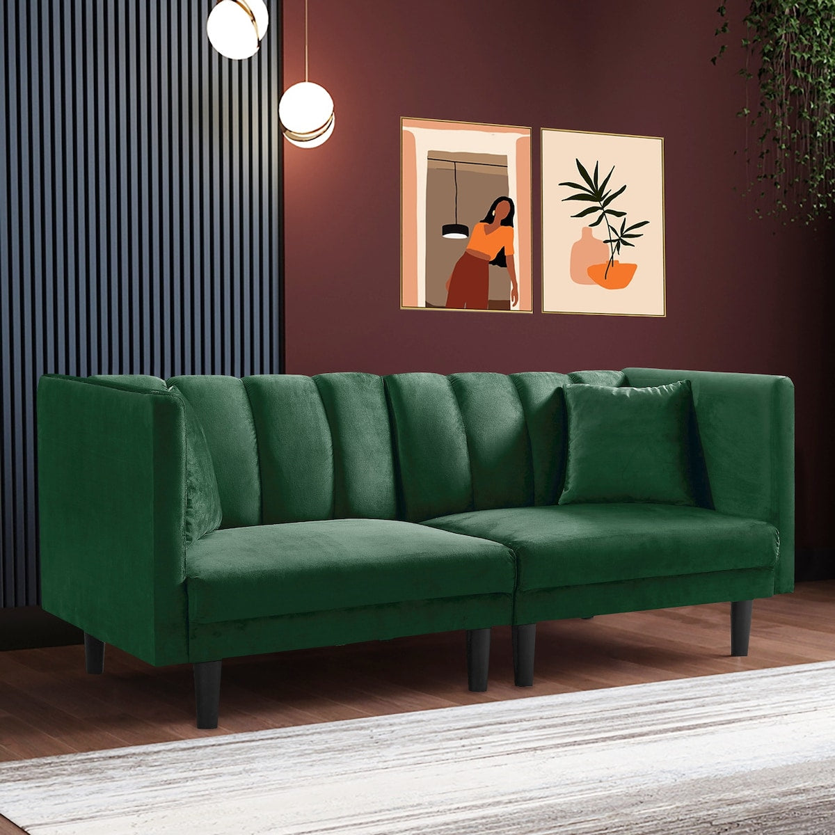 Convertible Velvet Futon Sofa Bed, Modern Sleeper Sofa with 2 Pillows, Upholstered Loveseat for Living Room/Compact Space