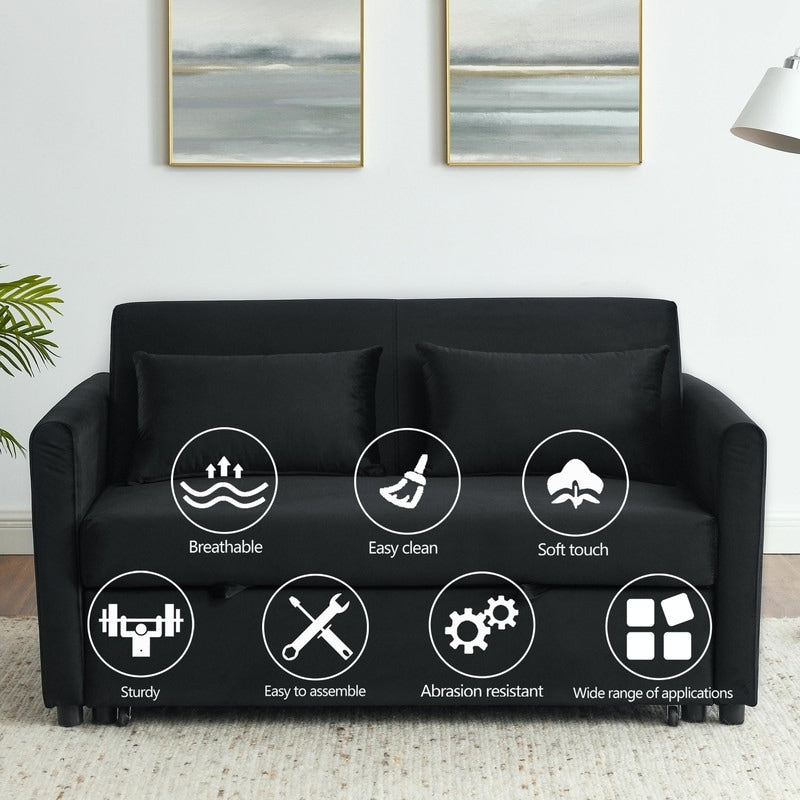 Convertible Velvet Sofa Bed with Pullout, Adjustable Backrest, Lumbar Pillows, and Side Pockets (54 Inch)