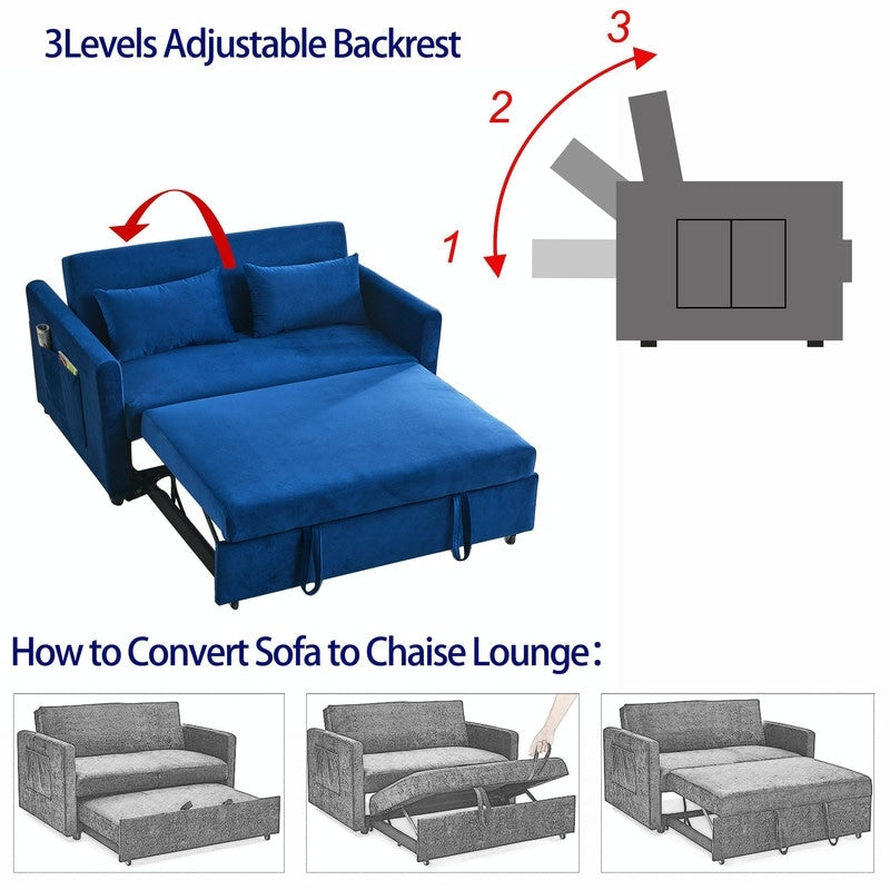 Convertible Velvet Sofa Bed with Pullout, Adjustable Backrest, Lumbar Pillows, and Side Pockets (54 Inch)