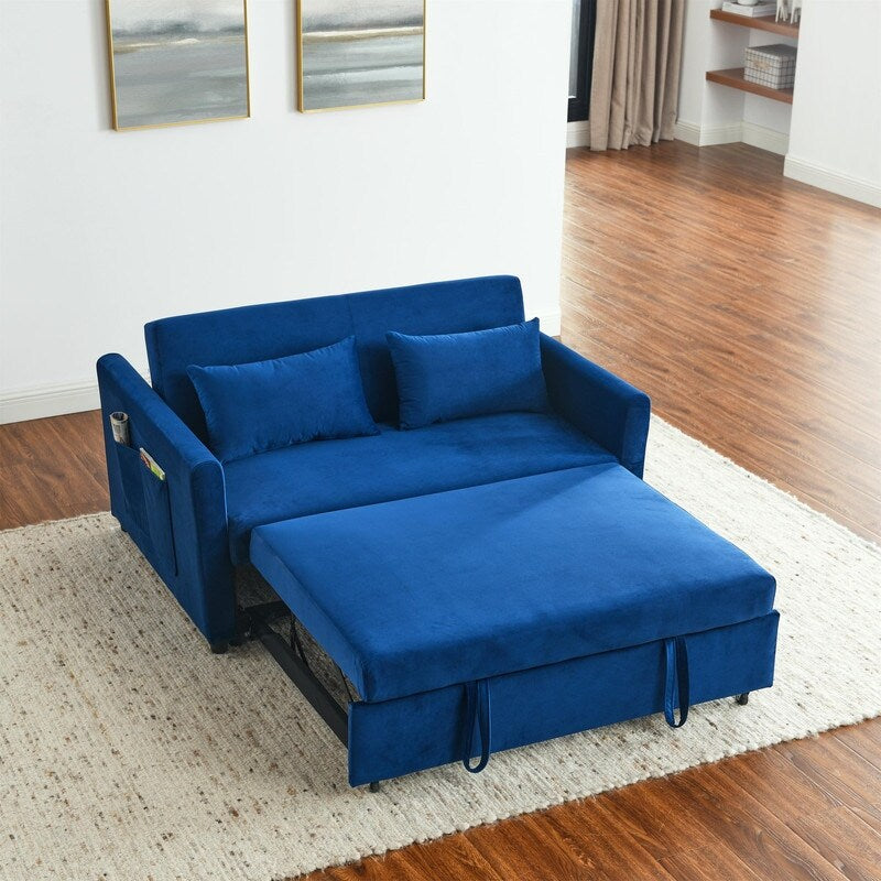 Convertible Velvet Sofa Bed with Pullout, Adjustable Backrest, Lumbar Pillows, and Side Pockets (54 Inch)